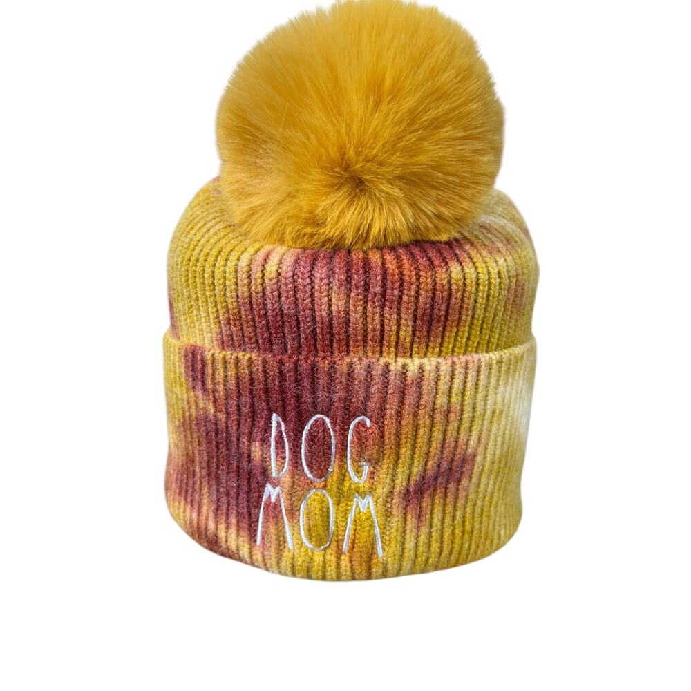 Dog Mom Tie Dye Beanie Skully Gold w/ Pom Pom New